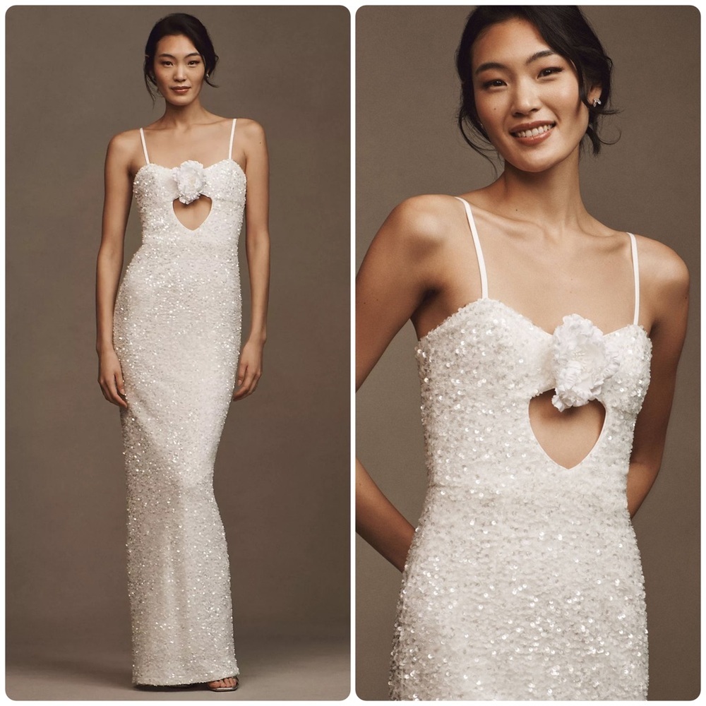 New! Helsi x Anthropologie Lyla White Sequin Rose Keyhole Column Maxi Dress🤍 Lrg